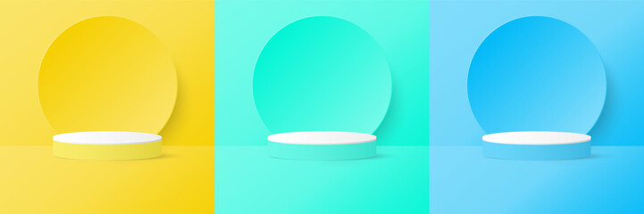 Set of cylinder pedestal podium display, Empty room background. Abstract modern vector rendering 3d shape for products display presentation.