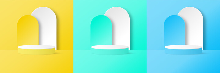 Set of cylinder pedestal podium display, Empty room background. Abstract modern vector rendering 3d shape for products display presentation.