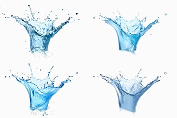 Set of four fabulous splashes of blue water on white background. Generative AI