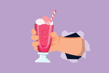Character flat drawing hand holds glass milkshake with whipped cream through torn blue paper. Cold soft drink for summer. Sweet beverage. Tasty and yummy fast food. Cartoon design vector illustration