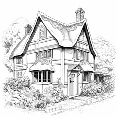 Cute English house black and white vector illustration for adult coloring. Retro style architecture cottage core style. Cozy home with chimney and roof scale. Line art medieval cottage. Detailed house - 619513043