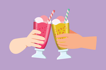 Cartoon flat style drawing close-up cropped view of people clinking with glasses of milkshake. Young romantic couple toasting with glass and drink sweet milkshake. Graphic design vector illustration