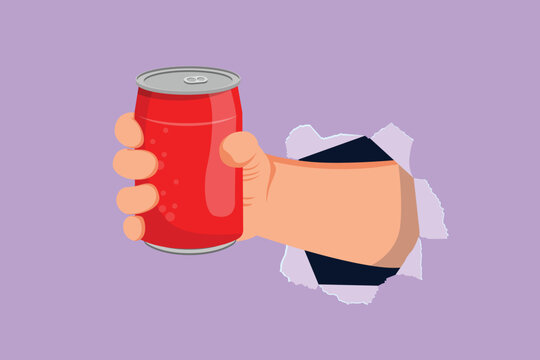 Character flat drawing of hand holding a aluminum can drink through torn blue paper or hole without label. Beverages in metal container. Refreshing drink for people. Cartoon design vector illustration