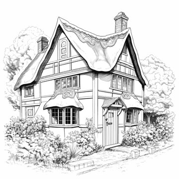 Cute English house black and white vector illustration for adult coloring. Retro style architecture cottage core style. Cozy home with chimney and roof scale. Line art medieval cottage. Detailed house