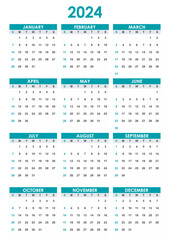 Calendar 2024 Year mockup. Annual Vertical template. First day Sunday. Classic simple minimal design. Black and blue style on white background.