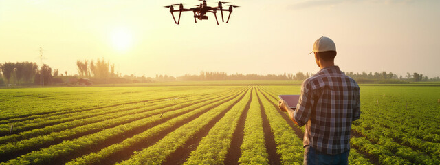 Farmer using drone to monitor crop health in field of organic produce. Fusion of technology and traditional farming methods. Generative Ai content