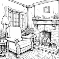 Tudor England cottage interior. Vector coloring page.