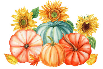 Obraz na płótnie Canvas Colored pumpkins, sunflowers and leaves painted by hand in watercolor isolated on white background. Autumn postcard