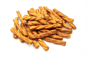 Group of salty and  twisted pretzel sticks isolated on white background. Italian snack