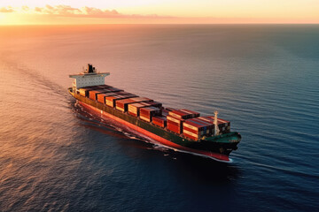Fototapeta premium Cargo ship sailing on the sea during a serene morning. The ship is laden with containers, creating a dynamic and visually striking scene. Generative AI.