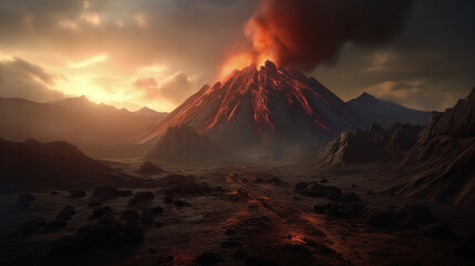 Generative AI. Fantasy landscape with volcano.