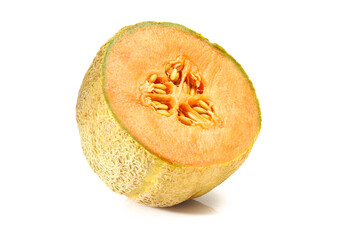 Sliced half of cantaloupe melon fruit isolated on white backgorund