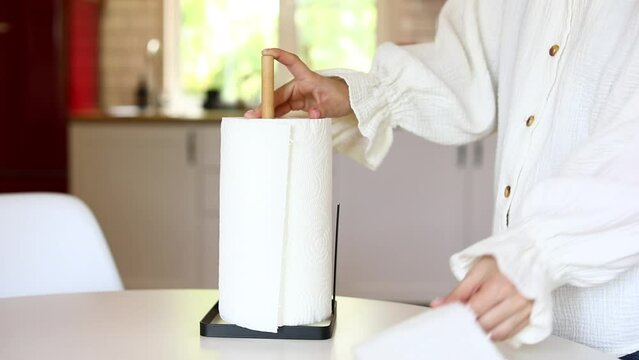 Woman tears off a paper towel. Paper towels on the holder. Kitchen towel.  Stylish scandi kitchen in the background.