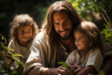 Jesus Christ with children in a garden