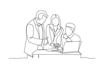 Single one line drawing working together, discussing business. Meeting of colleagues. Coworking, teamwork concept. Continuous line draw design graphic vector illustration.