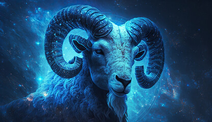 Digital composite of Zodiac sign ram in space. Generative AI
