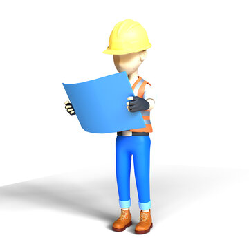 3D Rendered Construction Worker Character Reading Blueprint with Transparent Background