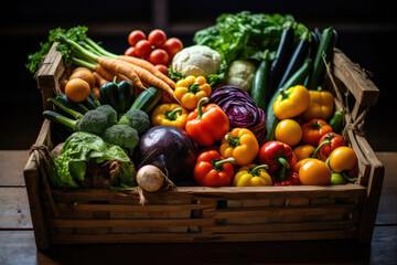 This close-up shot beautifully captures a delightful display of freshly harvested vegetables arranged in a rustic wooden crate or basket. Generative AI.