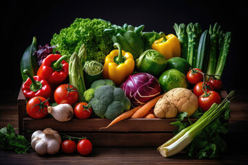 This close-up shot beautifully captures a delightful display of freshly harvested vegetables arranged in a rustic wooden crate or basket. Generative AI.