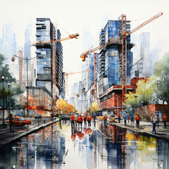 construction site at a modern city with skyscraper and cranes in watercolor design