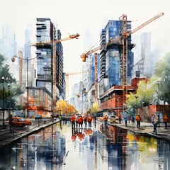Foto auf Acrylglas Aquarellmalerei Wolkenkratzer construction site at a modern city with skyscraper and cranes in watercolor design