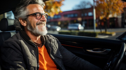 Portrait of happy senior man smiling while driving car in the city. Generative AI.