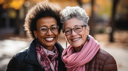 Portrait of two multiracial senior women smiling at camera while walking in autumn park. Generative AI.