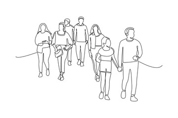 Continuous one line drawing concept of a crowd of happy people outdoors. Single line draw design vector graphic illustration.