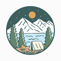 Happy camping near river and view of the nature mountain design for badge, sticker, t shirt vector illustration