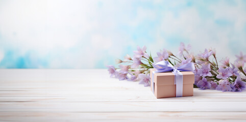Purple flowers and a gift box on a wooden table, blue background, copyspace