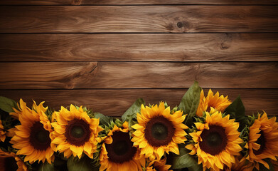 Top view of beautiful sunflowers on a wooden background with copy space