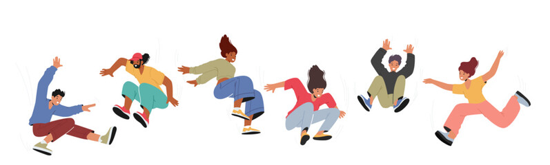 Energetic And Joyful, Group Of Male And Female Characters Jumping With Excitement And Happiness, Exuding Positive Energy