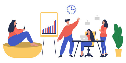 Businessmen man and woman presents growing statistic graph