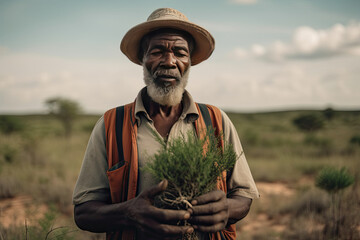 Generative AI illustration of pensive bearded black senior male farmer in hat standing on countryside with bunch of plants and looking down in daytime
