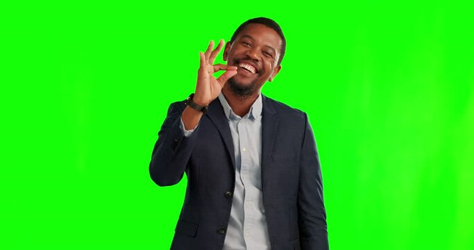 Business man, hand and ok sign on a green screen with a smile, positive mindset and okay emoji. Portrait of a black male entrepreneur on a studio background for feedback, review or satisfaction