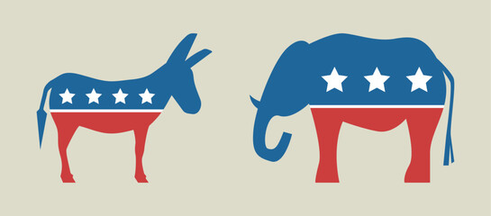 Elephant and donkey in USA flag colors. Clipart for presidential election. Vector illustration.