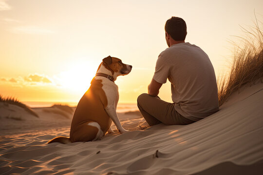 Generative AI illustration of back view of unrecognizable male tourist admiring sunset over ocean while sitting on sandy beach with cute calm dog