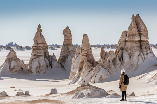 Generative AI illustration of back view of unrecognizable male traveler in casual clothes and backpack standing and admiring rocky formations