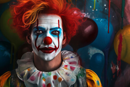 Generative AI image of clown with and multicolored bright makeup and red hair looking at camera while standing in room colorful