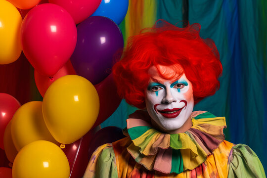 Generative AI image of clown with colorful balloons and multicolored dress bright makeup and red hair looking at camera while standing in room