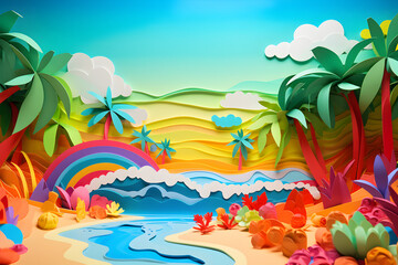 Fototapeta na wymiar Summer beach, tropical summer landscape with palm trees, sky, sea and rainbow, bright colors, paper quilled art, 3d render created with generative AI