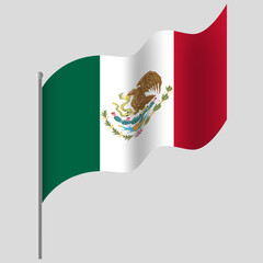 Waved Mexico flag. Mexican flag on flagpole. Vector emblem of Mexico
