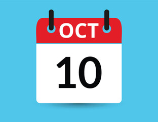 October 10. Flat icon calendar isolated on blue background. Date and month vector illustration