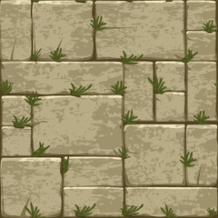 Cartoon stone pavement seamless pattern, brick wall texture, cracked rock paver on grass.