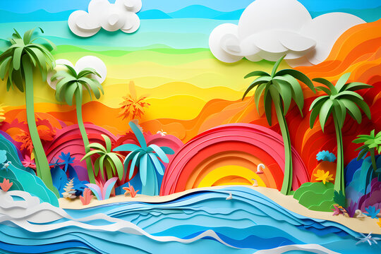 Summer beach background, paper cut 3d illustration with palm trees, coast, sea and rainbow, vivid colors, cartoon 3d wallpaper created with generative AI