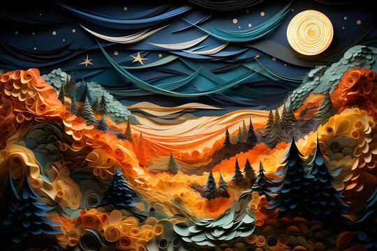 Autumn landscape, layered paper art, starry sky with moon, forest and mountains, 3d paper cut illustration, abstract background created with generative AI
