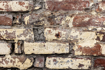 Red, White, Green, Pink, Paint, Mold, Wall Background. Old Grungy Brickwork Horizontal Texture. Brickwall Backdrop. Structure With Broken Stucco And Plaster.
