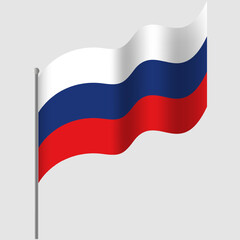 Waved Russia flag. Russian flag on flagpole. Vector emblem of Russia