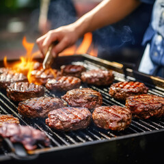 Naklejka premium barbecue camping, fried burger patties, man frying meatballs on barbecue