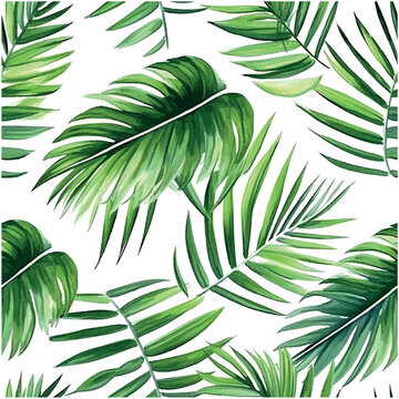 Trendy abstract seamless pattern with exotic leaf pattern watercolor green background. Summer texture. Abstract tropical background.